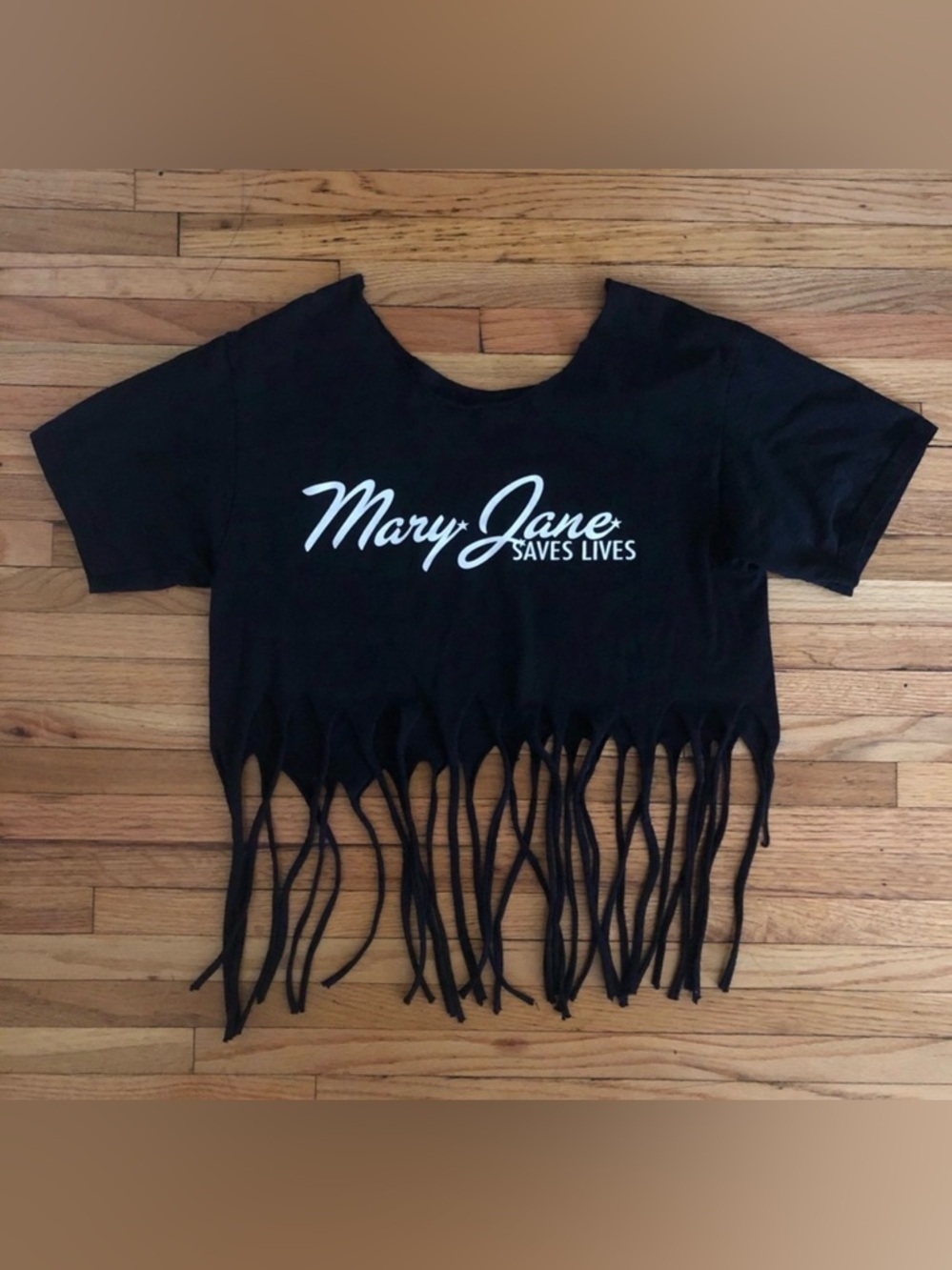 Mary Jane Saves Lives Black Fringe Crop Tee